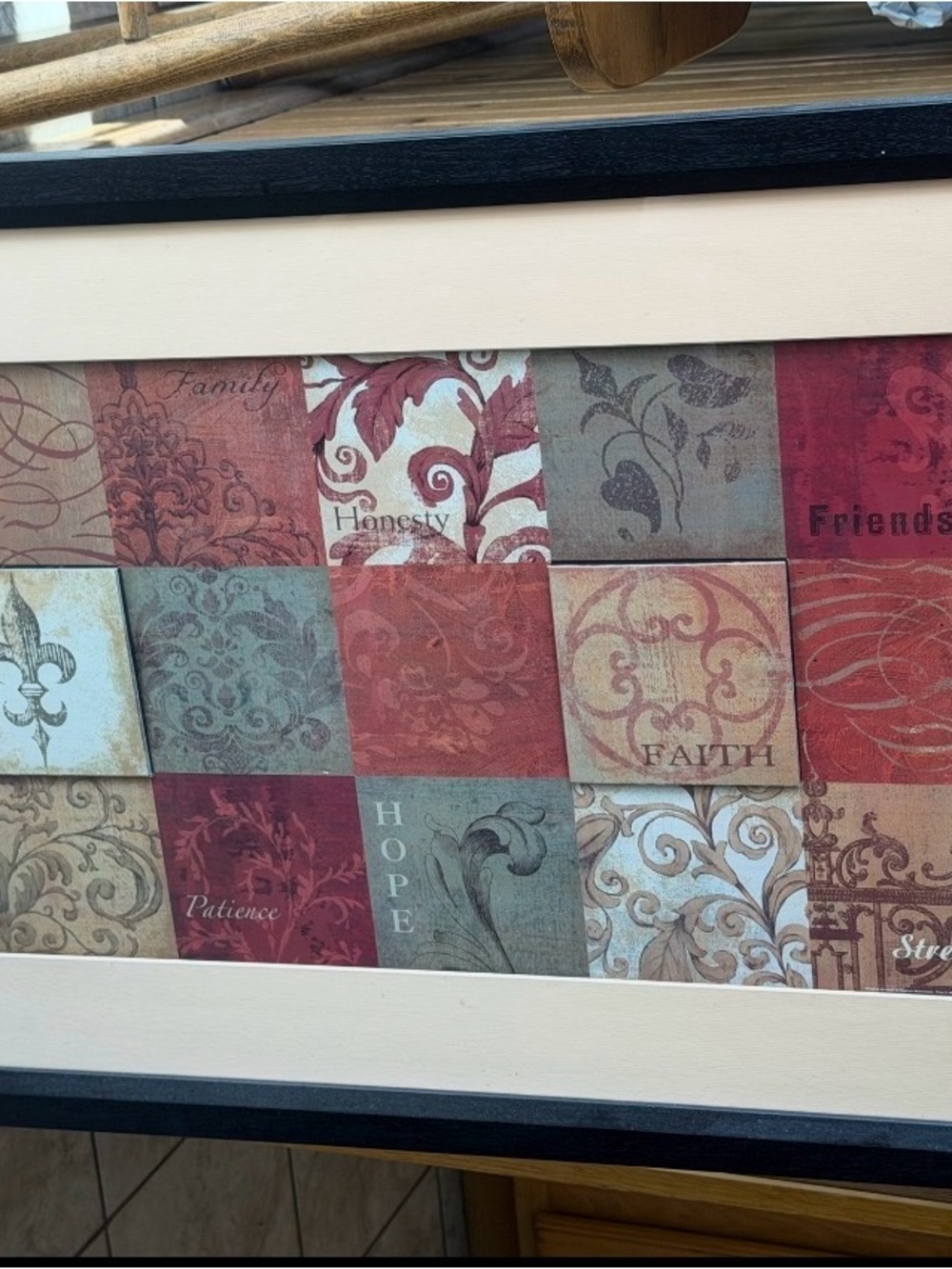 Framed Patchwork Inspirational Wall Art - Red and Beige